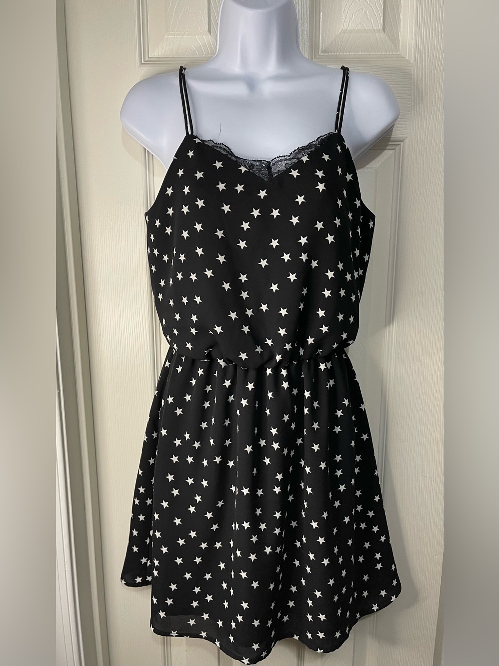 Express Black White Star Print Sleeveless Retro Double Strap Mini Dress Size XS